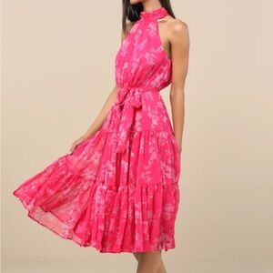 Lulus Float to You Pink Floral Halter-Neck Tiered Midi Dress Sz Medium